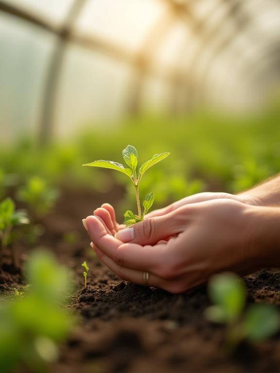 Närbild på en arbetares händer som varsamt hanterar en ung planta i ett växthus.