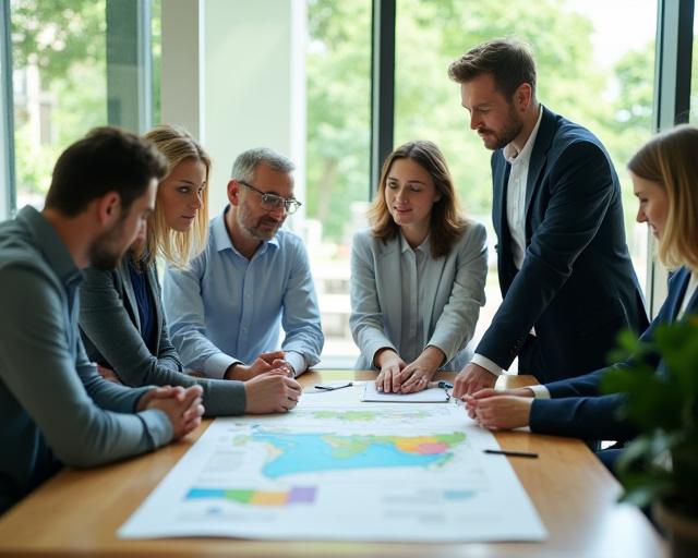 Grundarna av Gyllene Blomma som diskuterar över en karta i sitt ljusa kontor.