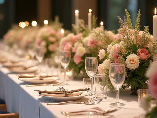 Ett elegant dekorerat bröllopsbord med överdådiga blomsterarrangemang.