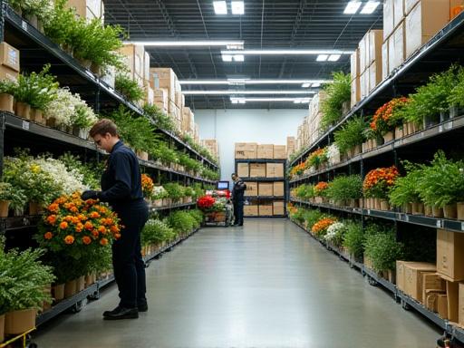 En välorganiserad lagerlokal för blommor med personal som förbereder beställningar.