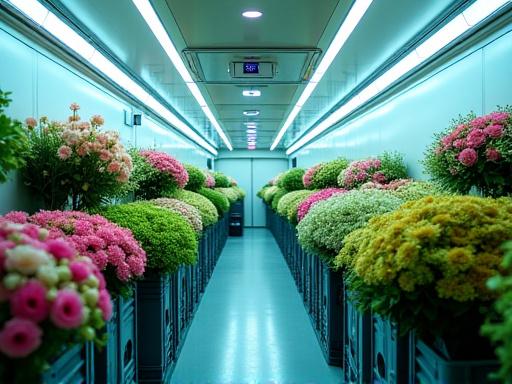 Insidan av en modern, ren kyltransportbil fylld med blommor.